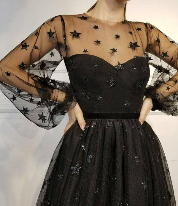 Unique Long Sleeve Short Sheer Neck Stars Mini Homecoming Dress