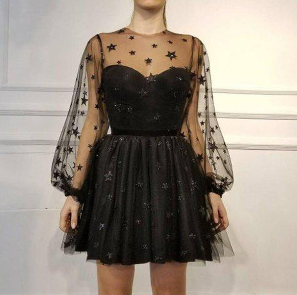 Unique Long Sleeve Short Sheer Neck Stars Mini Homecoming Dress