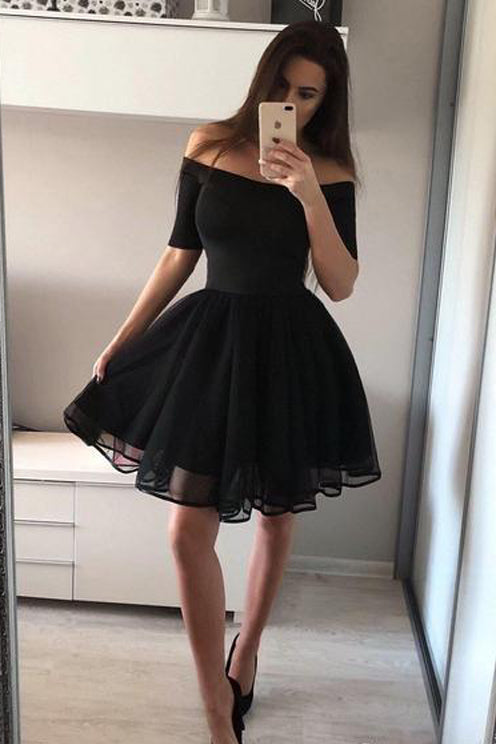 Off the Shoulder Black A-Line Homecoming Dresses Chic Little Black Dress