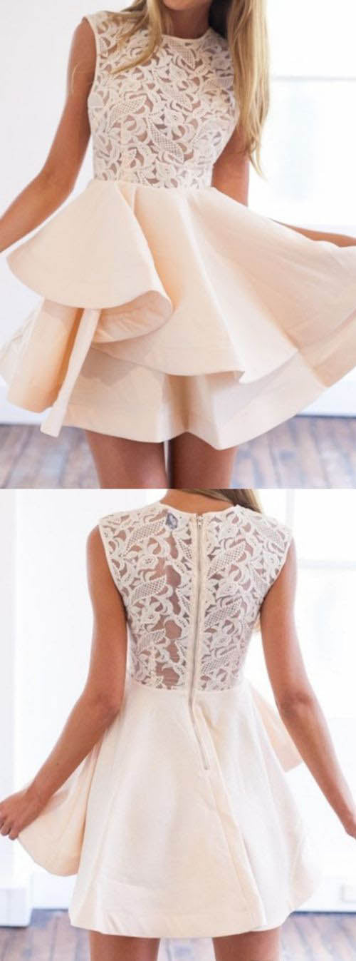 Short Blush Pink Lace Top Cute Junior Homecoming Dresses