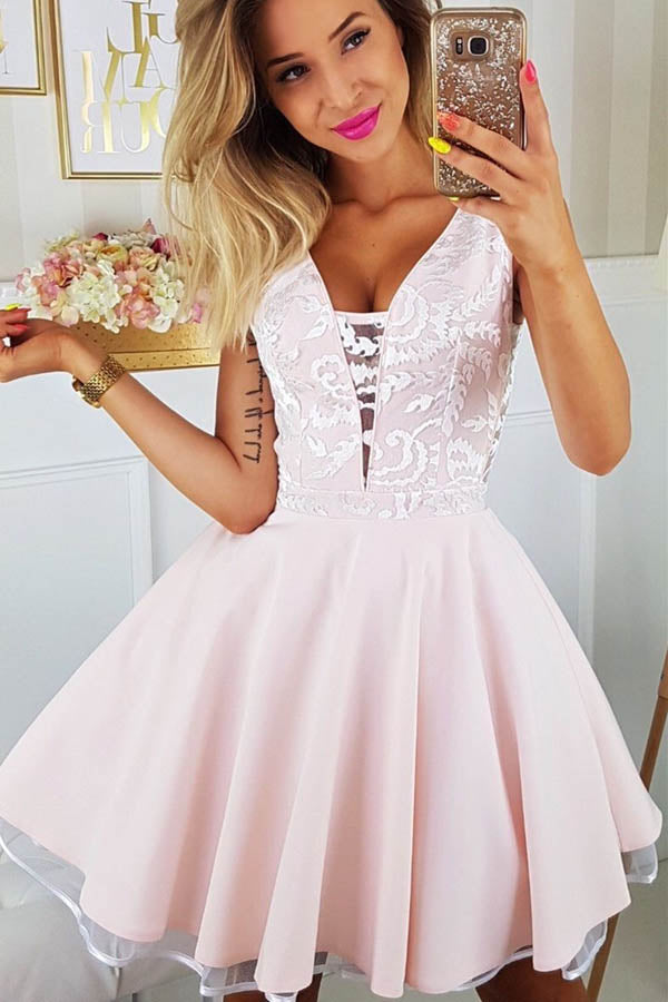 Appliqued Pink Lace Mini V-Neck Short Hoco Homecoming Dresses