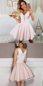 Appliqued Pink Lace Mini V-Neck Short Hoco Homecoming Dresses