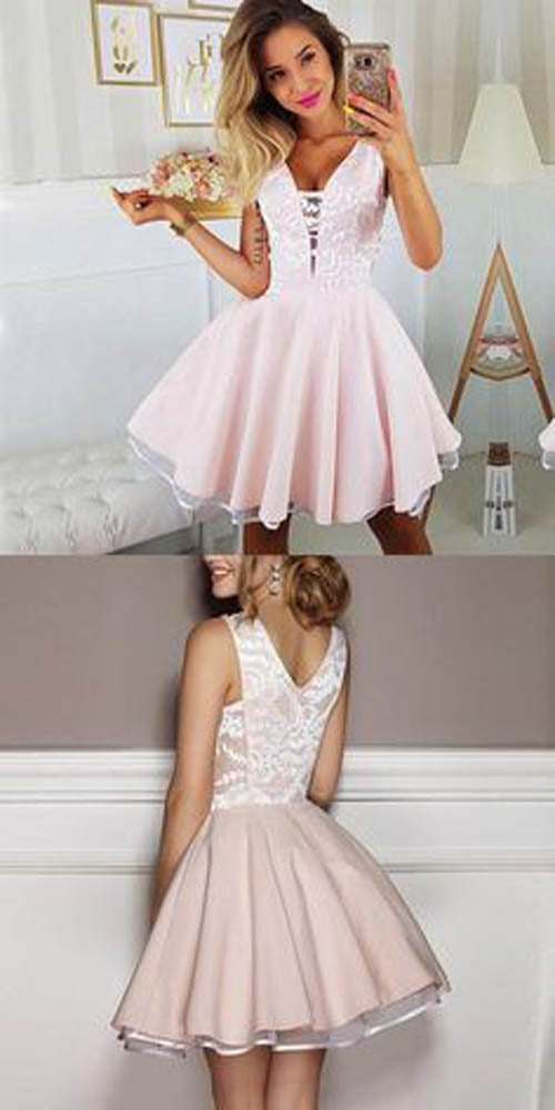 Appliqued Pink Lace Mini V-Neck Short Hoco Homecoming Dresses