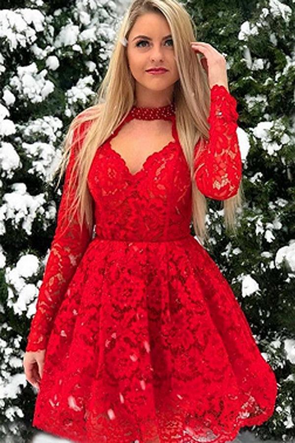 Lace Red Chic Long-Sleeves A-Line Homecoming Dresses
