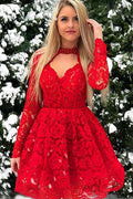 Lace Red Chic Long-Sleeves A-Line Homecoming Dresses