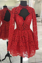 Lace Red Chic Long-Sleeves A-Line Homecoming Dresses
