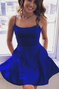Simple Satin Royal Blue Short Prom Dresses, Homecoming Dress With Pockets