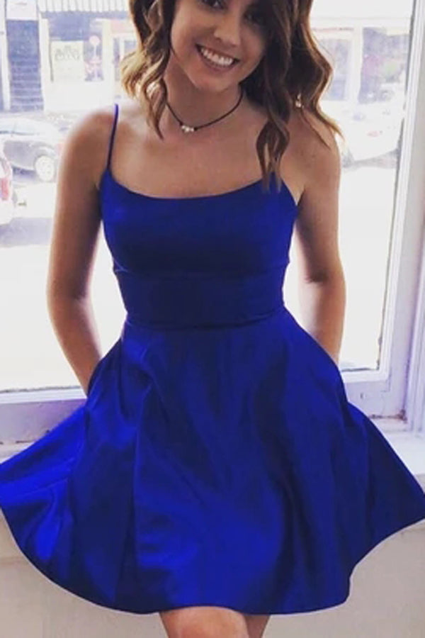 Simple Satin Royal Blue Short Prom Dresses, Homecoming Dress With Pockets