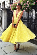 Deep V-neck Homecoming Dress Cute Yellow Tea Length Lace Prom Dress