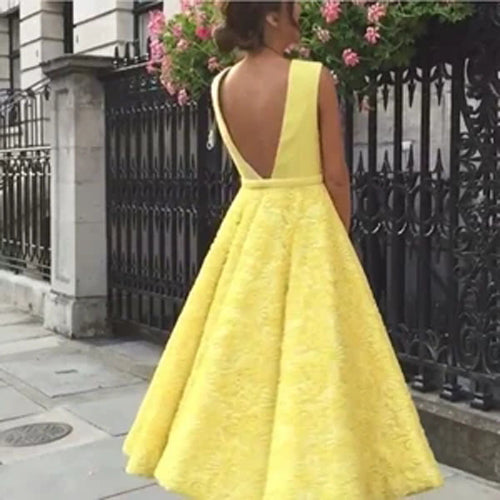 Deep V-neck Homecoming Dress Cute Yellow Tea Length Lace Prom Dress