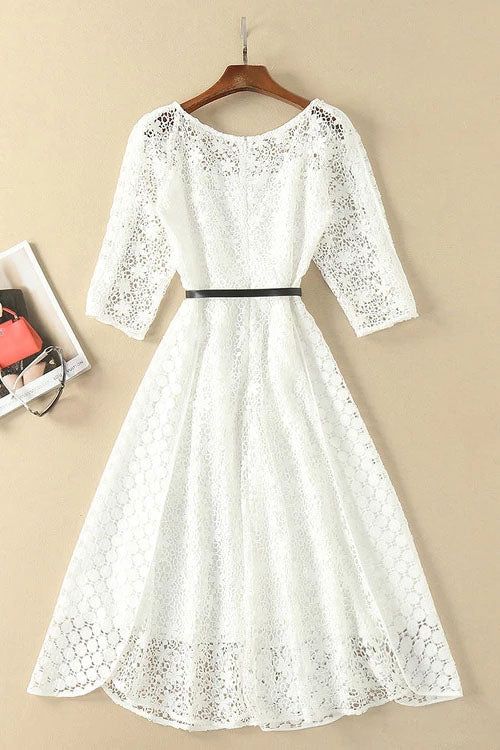 Elegant White Half Sleeve Lace Round Neck Homecoming Dresses