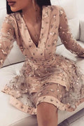 Cute Pink Long Sleeve V-neck Above Knee Homecoming Dresses with Flowers