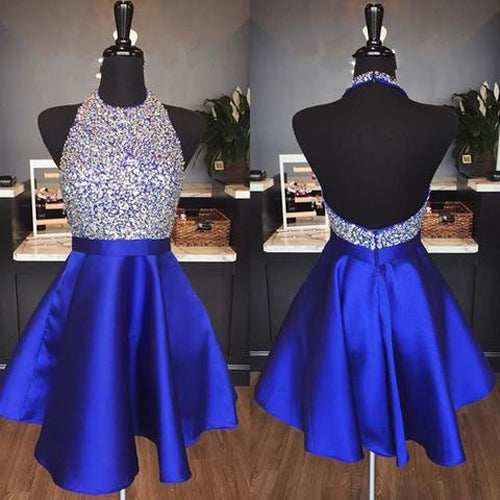 Royal Blue Satin Backless Jewel Halter Sequins Crystal Homecoming Dresses