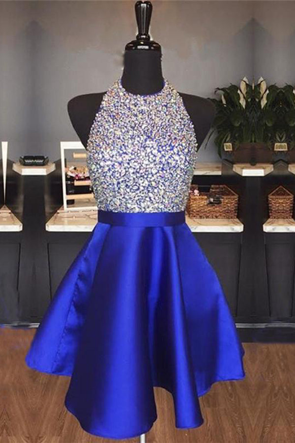 Royal Blue Satin Backless Jewel Halter Sequins Crystal Homecoming Dresses