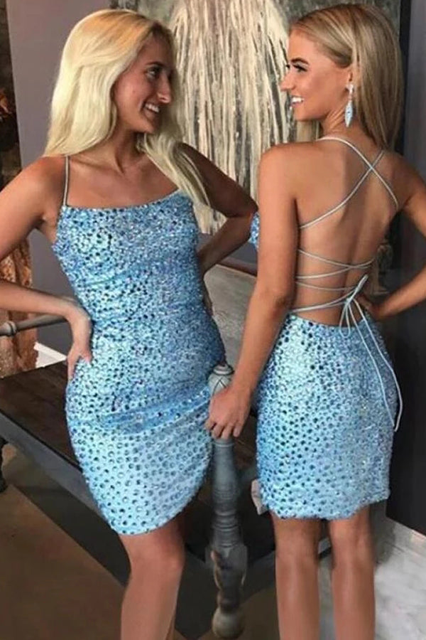 Charming Spaghetti Straps Crisscross Back Beading Mermaid Homecoming Dresses