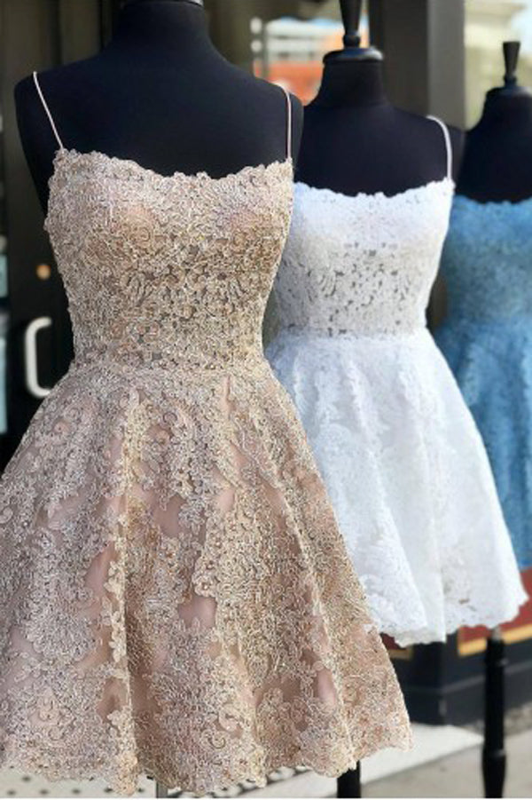Tulle A-line Lace Appliques Spaghetti Straps Homecoming Dresses