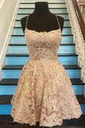 Tulle A-line Lace Appliques Spaghetti Straps Homecoming Dresses