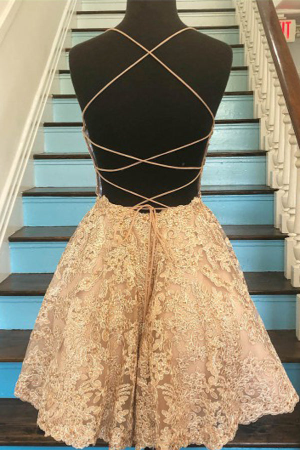 Tulle A-line Lace Appliques Spaghetti Straps Homecoming Dresses