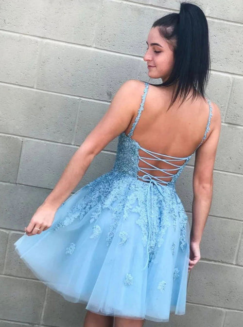 Spaghetti Strap Lace Tulle Light Blue Homecoming Dress Open Back Hoco Dress