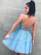 Spaghetti Strap Lace Tulle Light Blue Homecoming Dress Open Back Hoco Dress