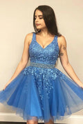 A-line V-neck Blue Short Prom Dress Homecoming Dress With Appliques