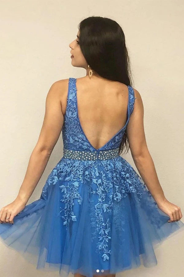 A-line V-neck Blue Short Prom Dress Homecoming Dress With Appliques