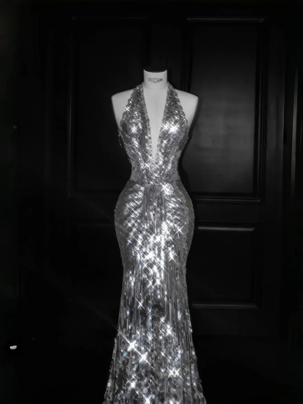 Sparkly Silver Deep V Halter Sequins Beaded Backless Evening Dress Mermaid Prom Dress Y8687