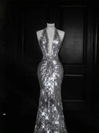 Sparkly Silver Deep V Halter Sequins Beaded Backless Evening Dress Mermaid Prom Dress Y8687