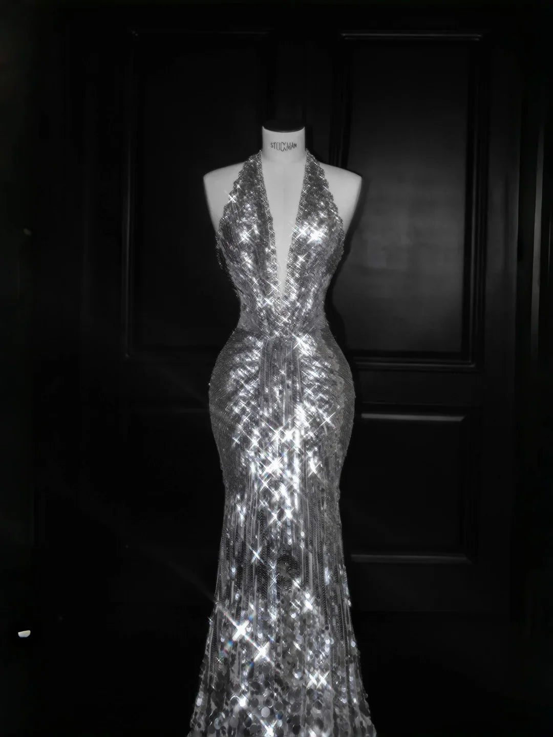 Sparkly Silver Deep V Halter Sequins Beaded Backless Evening Dress Mermaid Prom Dress Y8687