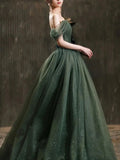 Simple green tulle long prom dress, green tulle evening dress Y1554