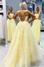 Yellow Tulle Spaghetti Straps Scoop A-Line Prom Dresses with Appliques