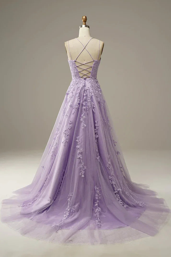 Elegant Lavender Prom Dresses A line Evening Dress Applique Party Gown Y1129