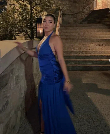 Blue Halter Slit Satin Evening Dress Formal Prom Dress Y7863