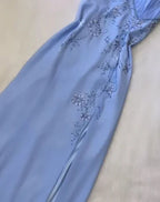 Blue Halter A Line Long Prom Dress Chic Beeaded Formal Party Dress Evening Gown Y7562