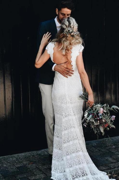 Roycebridal Lace Boho Mermaid Backless Cap Sleeve Bohemian Wedding Dresses