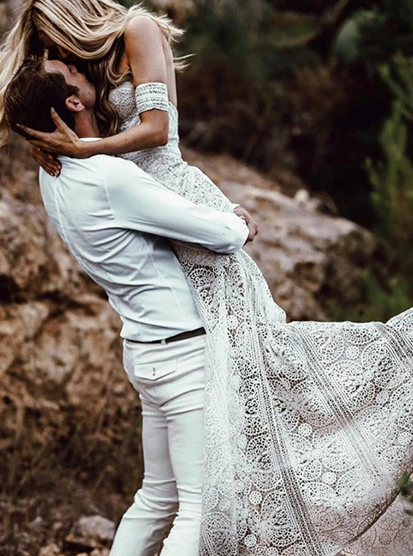Roycebridal Sweetheart Neck Lace Beach Ivory Rustic Boho Wedding Dresses