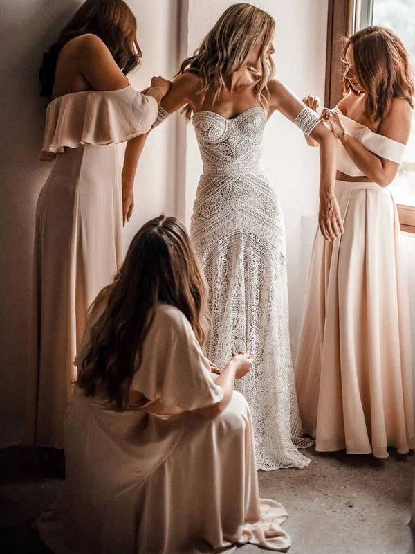 Roycebridal Sweetheart Neck Lace Beach Ivory Rustic Boho Wedding Dresses
