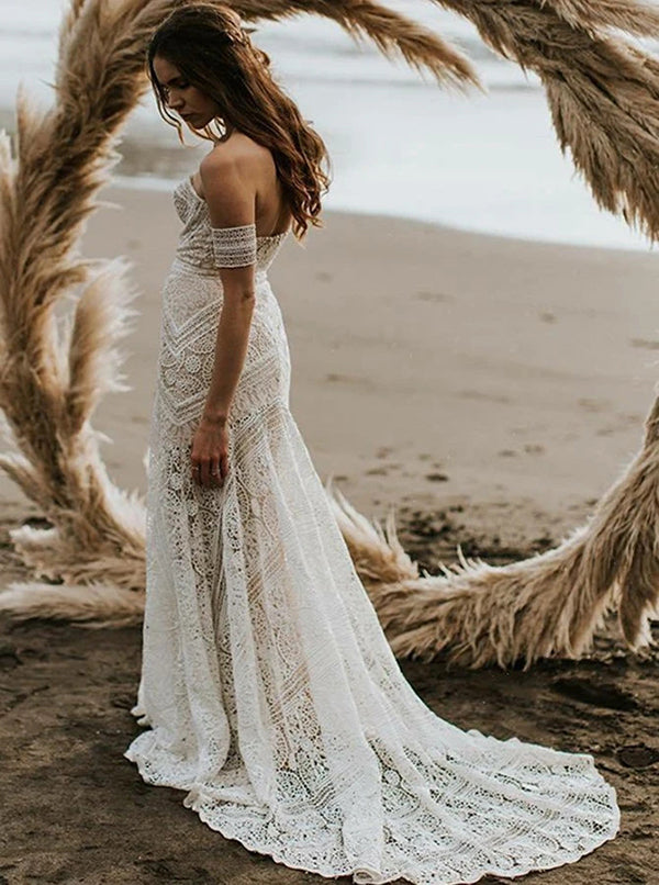 Roycebridal Sweetheart Neck Lace Beach Ivory Rustic Boho Wedding Dresses
