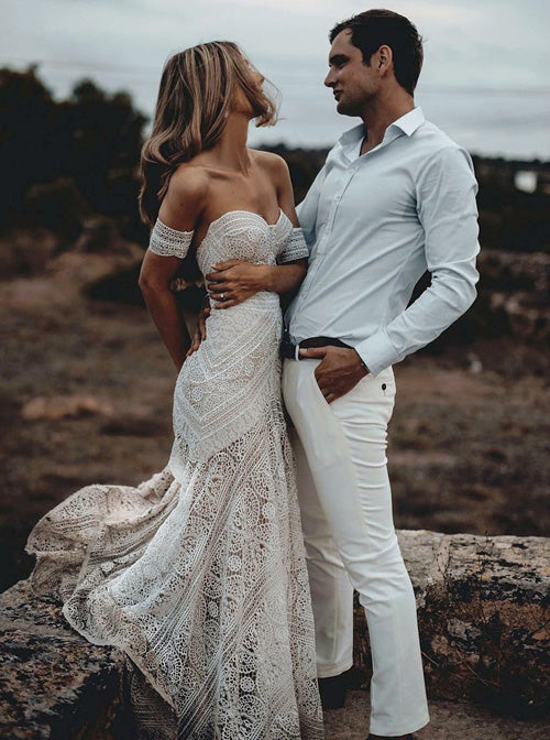 Roycebridal Sweetheart Neck Lace Beach Ivory Rustic Boho Wedding Dresses