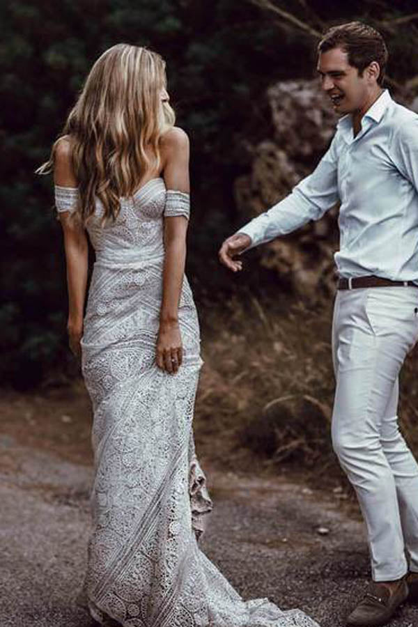 Roycebridal Sweetheart Neck Lace Beach Ivory Rustic Boho Wedding Dresses