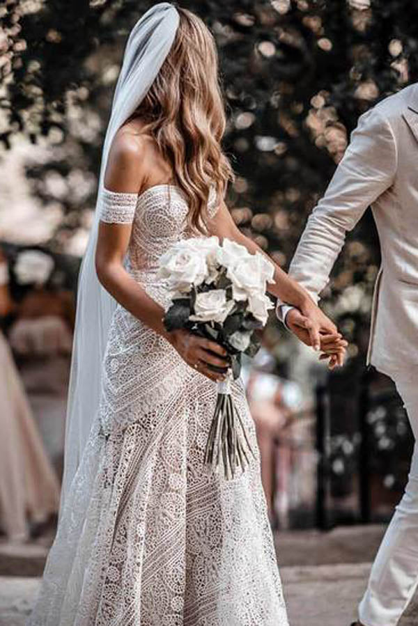 Roycebridal Sweetheart Neck Lace Beach Ivory Rustic Boho Wedding Dresses