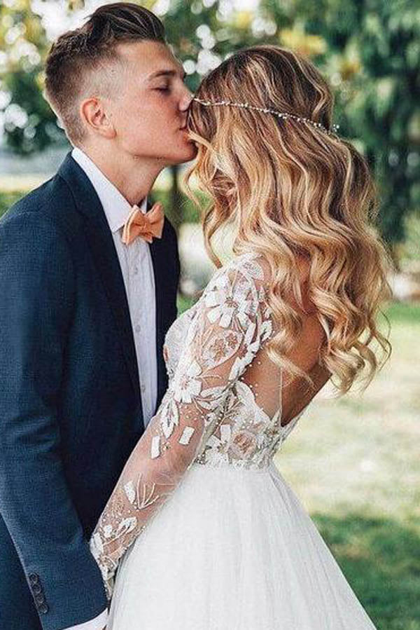 Roycebridal See Through Beaded Floral Lace Long Sleeve Boho Wedding Dresses