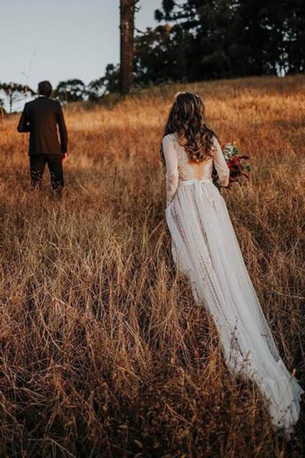 Roycebridal Lace Polka Dot Boho with Sleeves Bohemian Wedding Dress