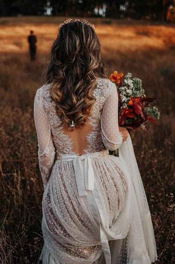 Roycebridal Lace Polka Dot Boho with Sleeves Bohemian Wedding Dress