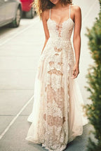Spaghetti Straps Tulle Beach Wedding Dress, Lace Appliques Bridal Dresses