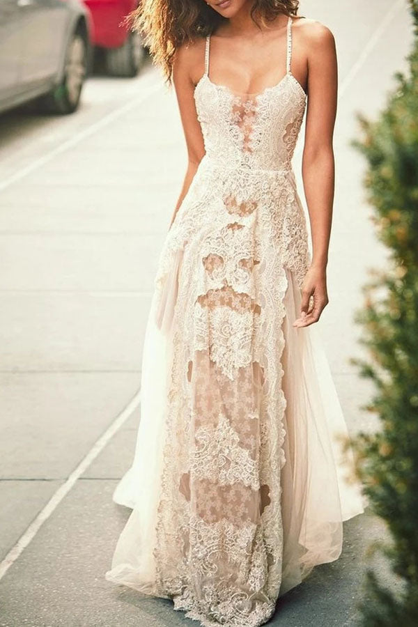 Spaghetti Straps Tulle Beach Wedding Dress, Lace Appliques Bridal Dresses