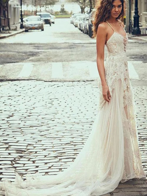 Spaghetti Straps Tulle Beach Wedding Dress, Lace Appliques Bridal Dresses
