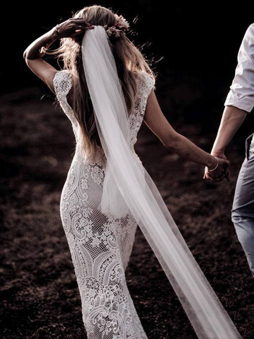 Roycebridal Cap Sleeve Sheath Boho Wedding Dresses Vintage Lace Rustic Wedding Dress,MW314