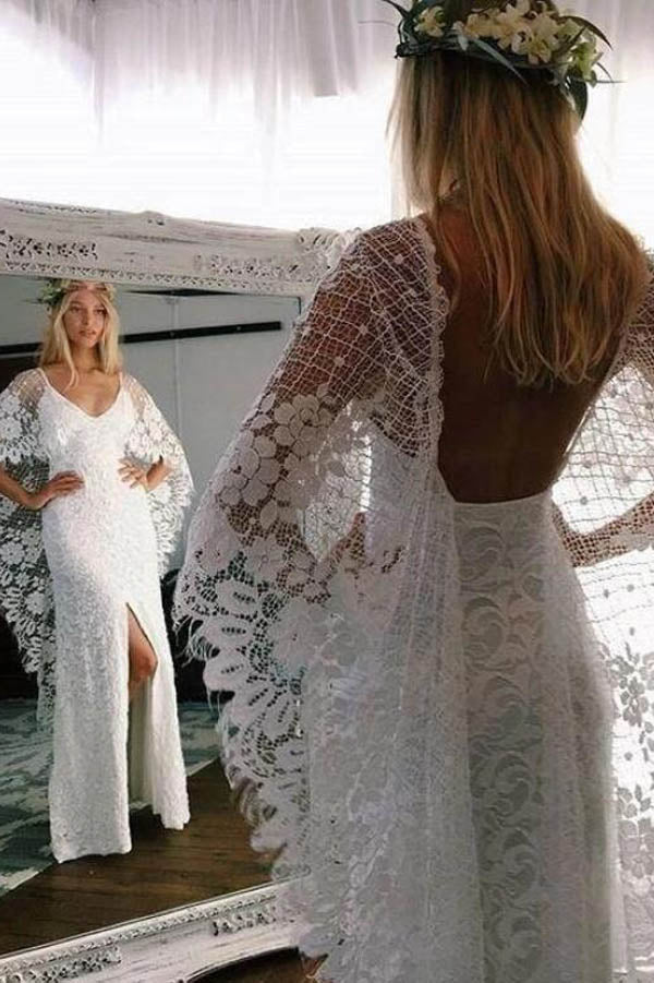 Roycebridal Batwing Sleeve Lace Rustic Wedding Dresses Ivory Sheath Boho Wedding Dresses