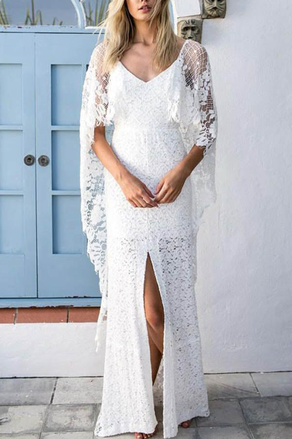 Roycebridal Batwing Sleeve Lace Rustic Wedding Dresses Ivory Sheath Boho Wedding Dresses